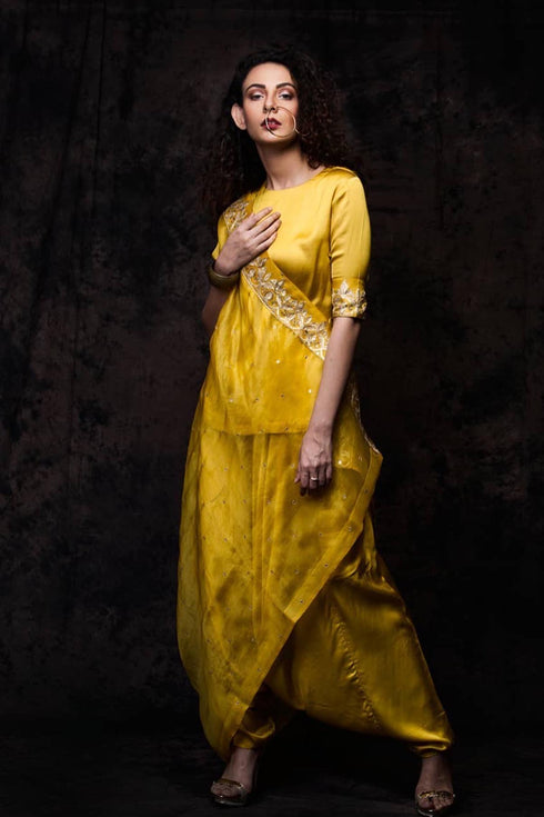 Short Top And Harrom Pants With Organza Drape Dupatta